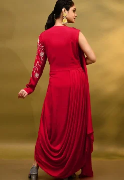 Embroidered Pure Georgette Drape Gown in Red
