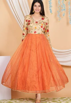 Embroidered Pure Kota Silk Anarkali Suit in Orange and Beige