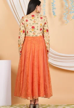 Embroidered Pure Kota Silk Anarkali Suit in Orange and Beige