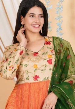 Embroidered Pure Kota Silk Anarkali Suit in Orange and Beige