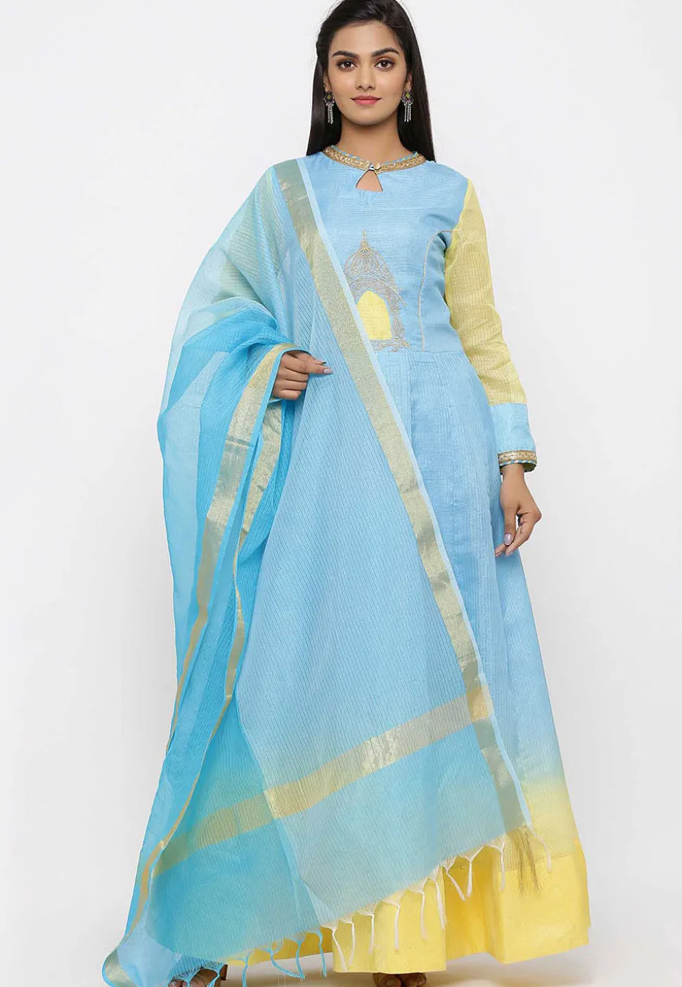 Embroidered Pure Kota Silk Abaya Style Suit in Ombre Blue