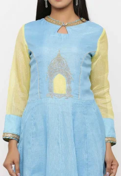 Embroidered Pure Kota Silk Abaya Style Suit in Ombre Blue