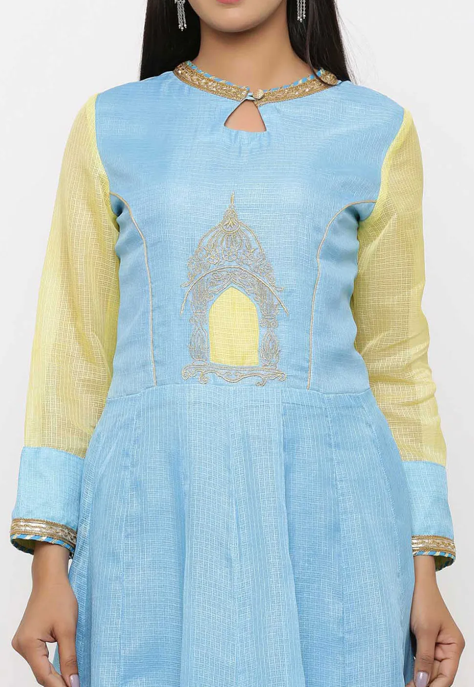 Embroidered Pure Kota Silk Abaya Style Suit in Ombre Blue