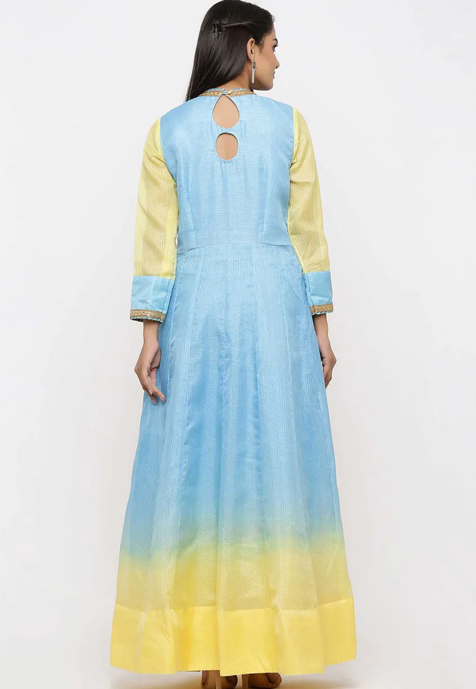 Embroidered Pure Kota Silk Abaya Style Suit in Ombre Blue