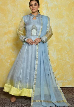 Embroidered Pure Kota Silk Anarkali Suit in Light Blue