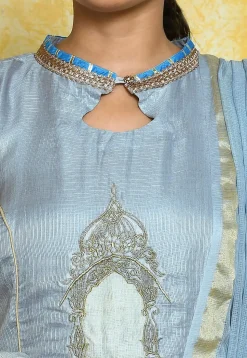 Embroidered Pure Kota Silk Anarkali Suit in Light Blue