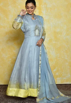 Embroidered Pure Kota Silk Anarkali Suit in Light Blue
