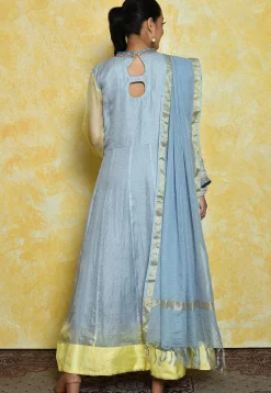 Embroidered Pure Kota Silk Anarkali Suit in Light Blue