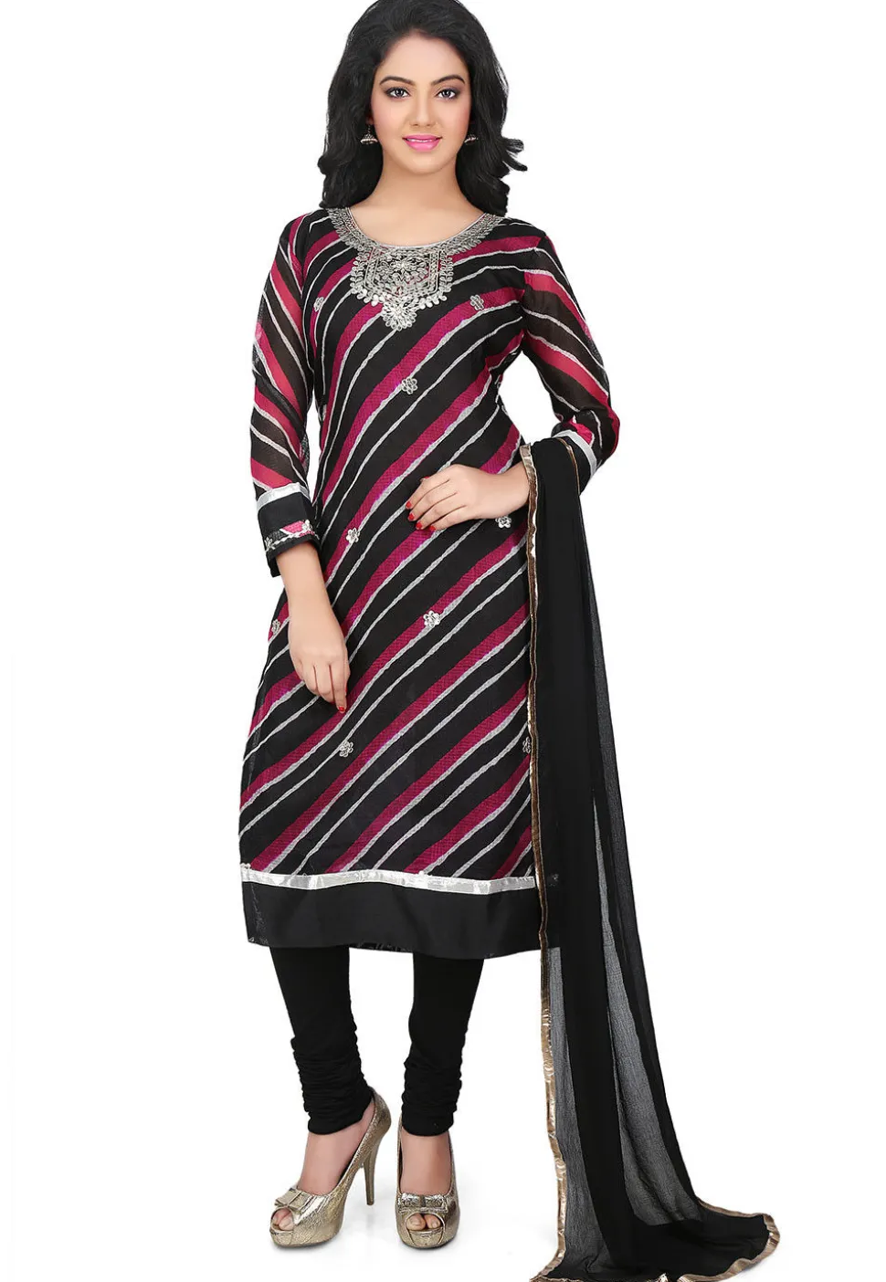 Embroidered Pure Kota Silk Straight Cut Suit in Black and Red