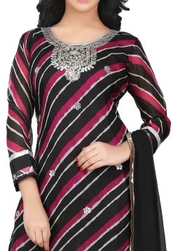 Embroidered Pure Kota Silk Straight Cut Suit in Black and Red