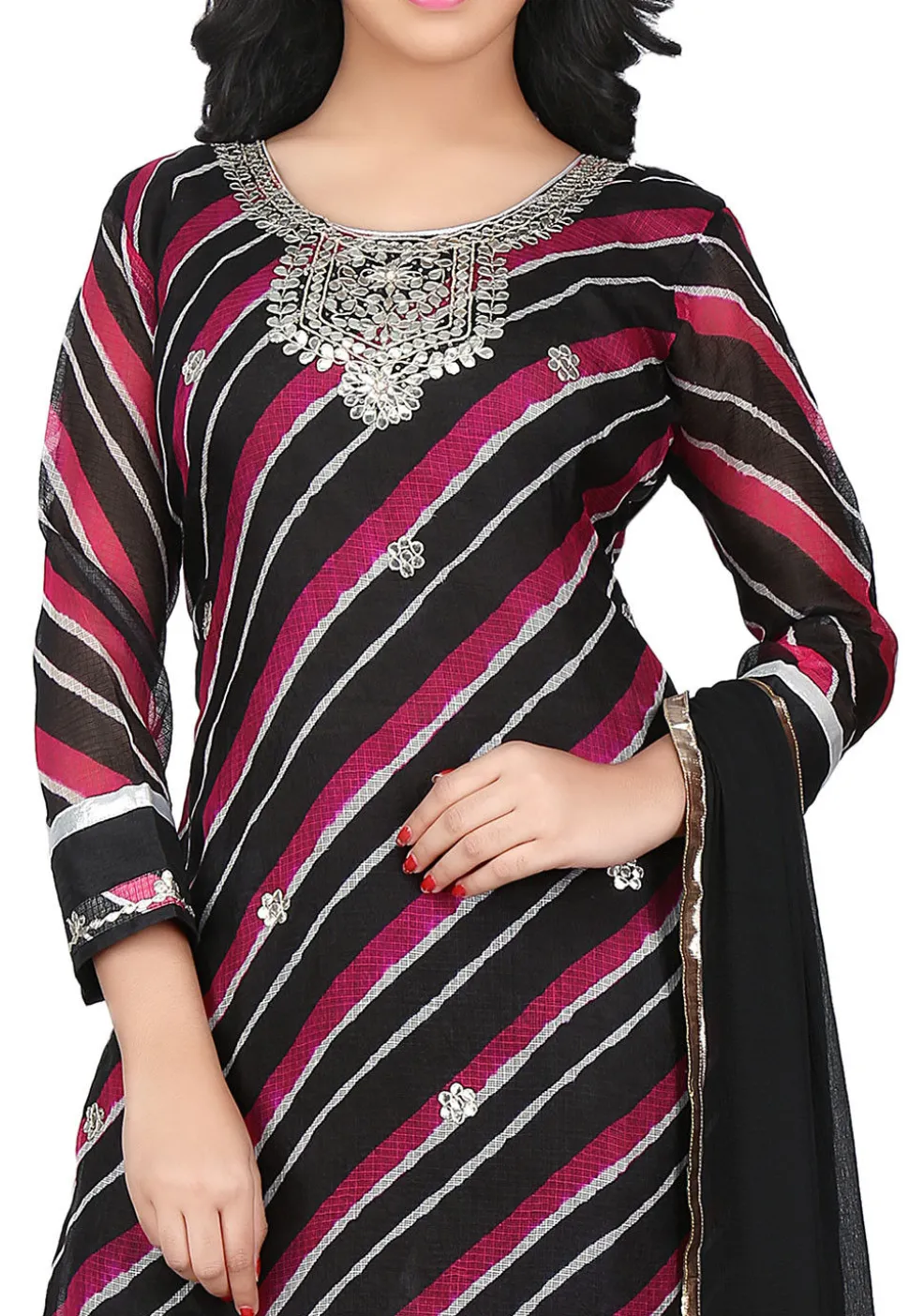 Embroidered Pure Kota Silk Straight Cut Suit in Black and Red