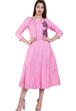Embroidered Pure Matka Silk A Line Kurta in Pink