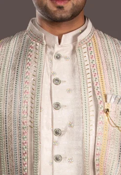 Embroidered Pure Silk Sherwani in Light Beige