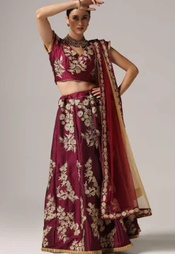 Embroidered Pure Taffeta Silk Lehenga in Magenta