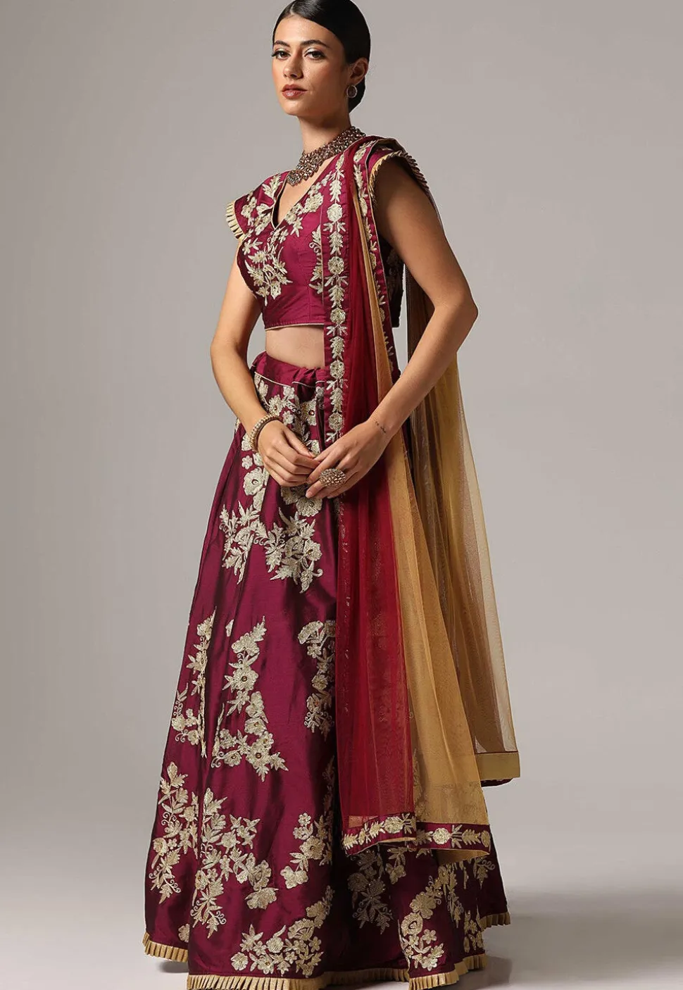 Embroidered Pure Taffeta Silk Lehenga in Magenta