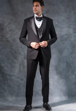 Embroidered Pure Terry Rayon Tuxedo Set in Black