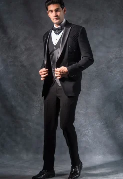 Embroidered Pure Terry Rayon Tuxedo Set in Black