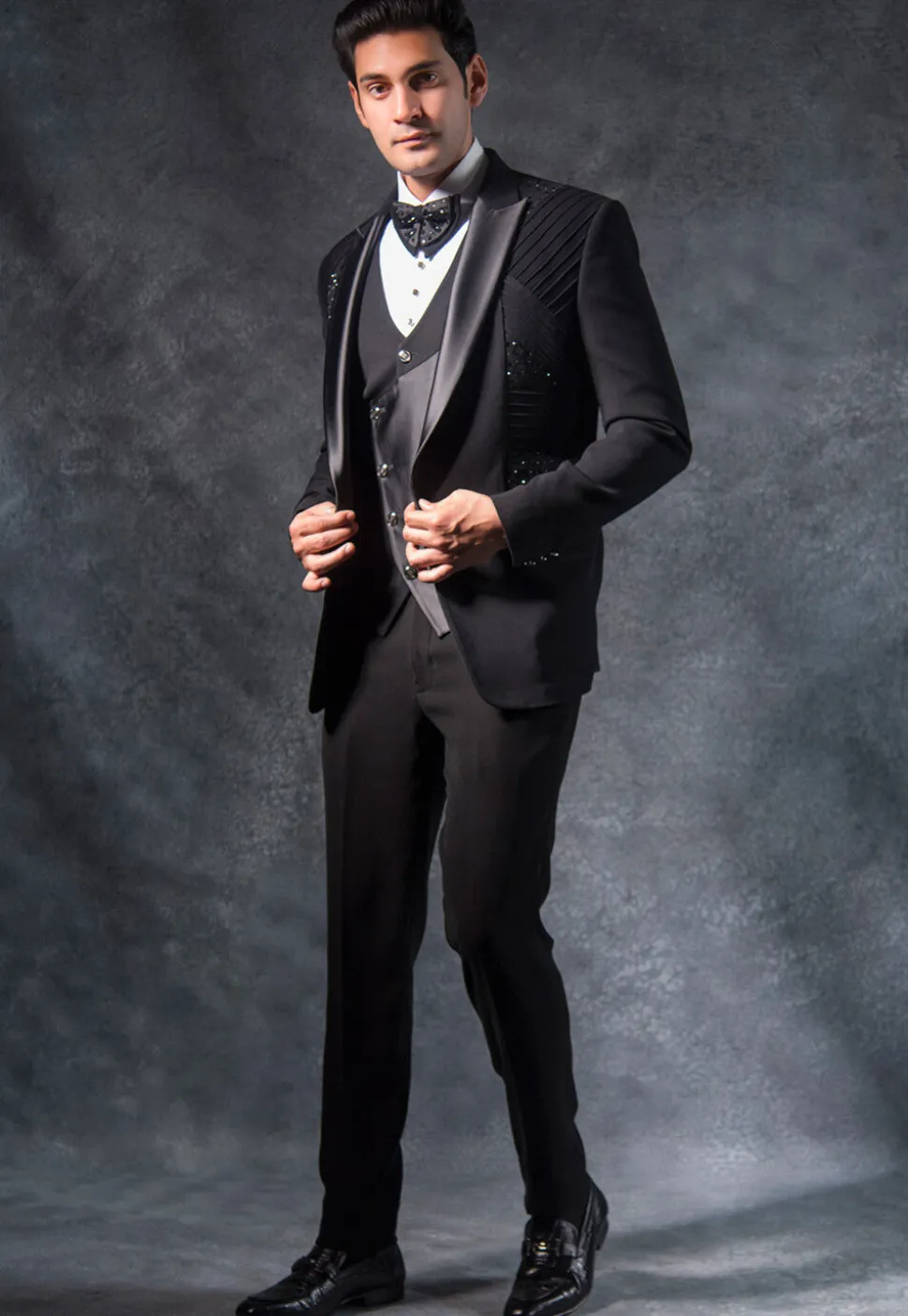 Embroidered Pure Terry Rayon Tuxedo Set in Black