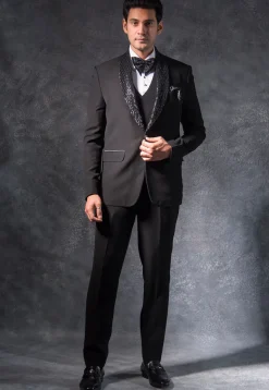 Embroidered Pure Terry Rayon Tuxedo Set in Black