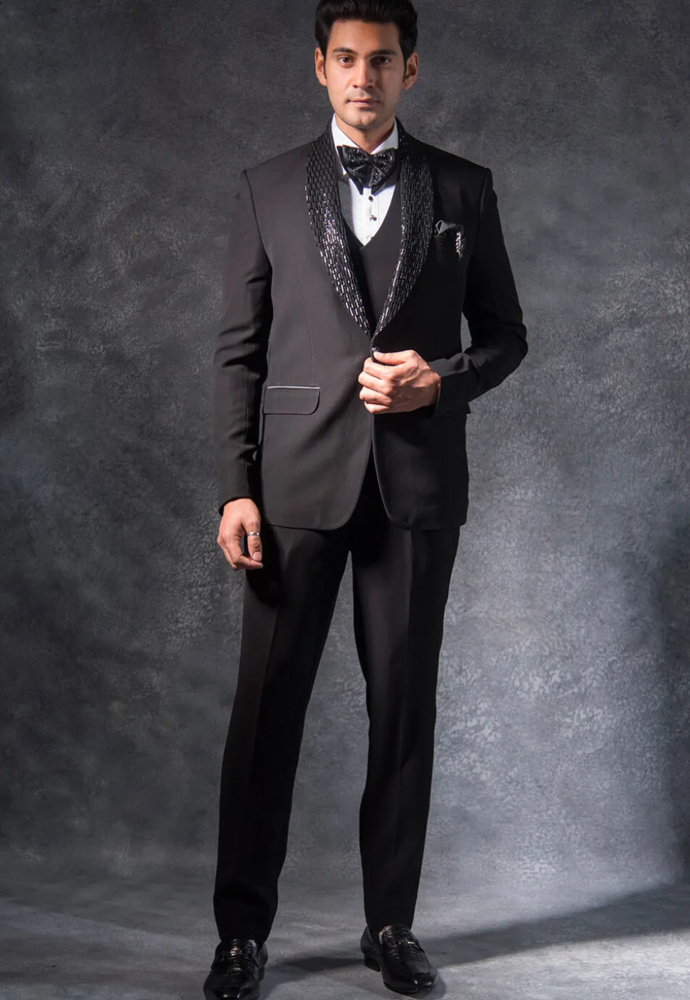 Embroidered Pure Terry Rayon Tuxedo Set in Black