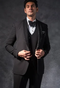 Embroidered Pure Terry Rayon Tuxedo Set in Black