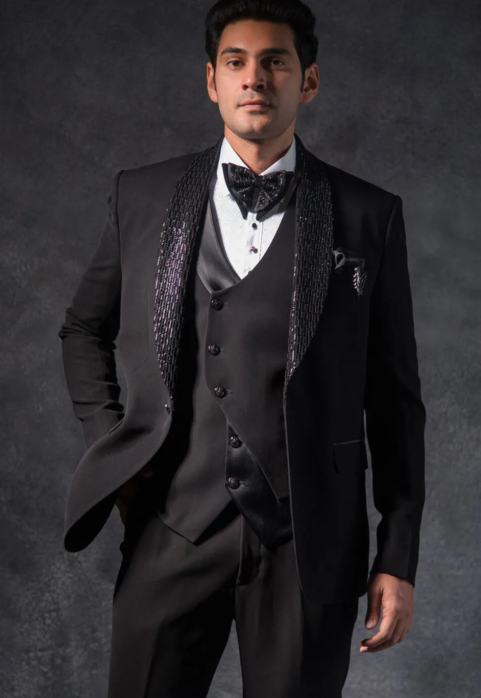 Embroidered Pure Terry Rayon Tuxedo Set in Black