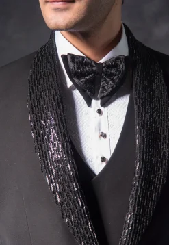 Embroidered Pure Terry Rayon Tuxedo Set in Black