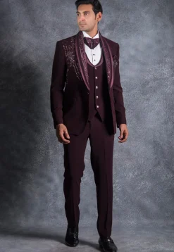 Embroidered Pure Terry Rayon Tuxedo Set in Wine