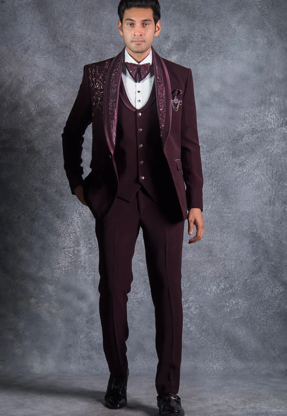 Embroidered Pure Terry Rayon Tuxedo Set in Wine