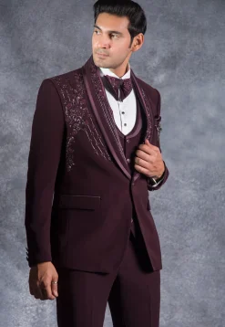 Embroidered Pure Terry Rayon Tuxedo Set in Wine