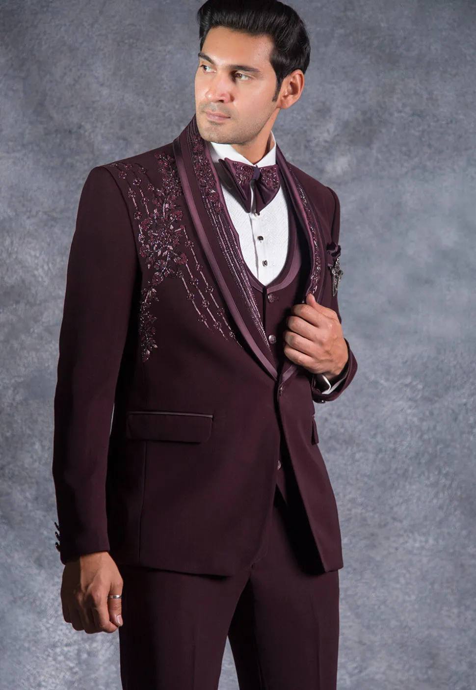 Embroidered Pure Terry Rayon Tuxedo Set in Wine