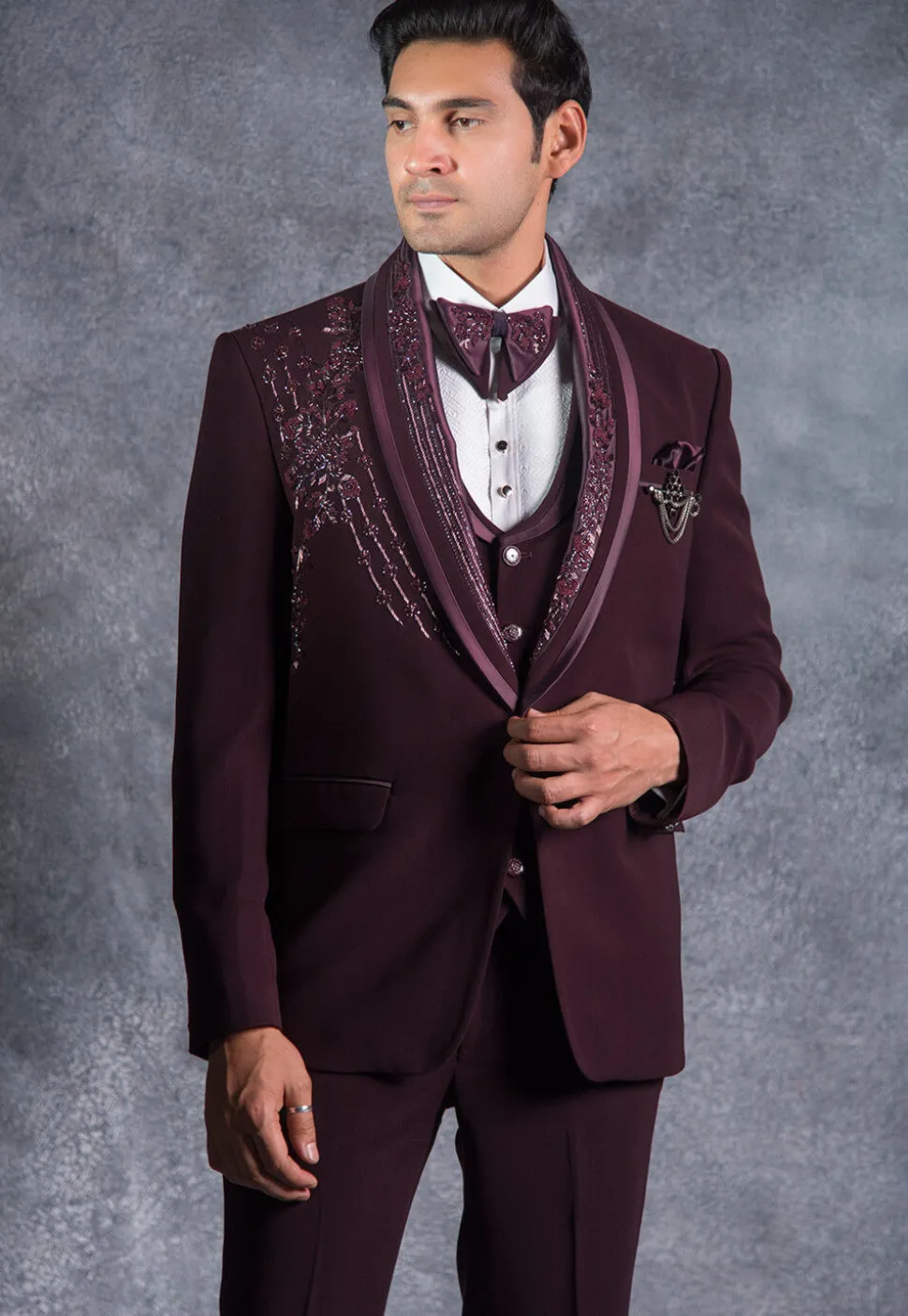 Embroidered Pure Terry Rayon Tuxedo Set in Wine