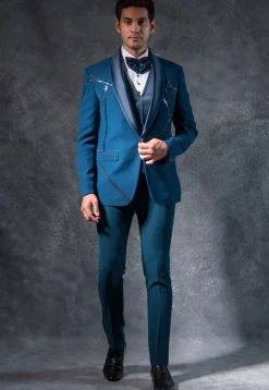 Embroidered Pure Terry Rayon Tuxedo Set in Teal Blue