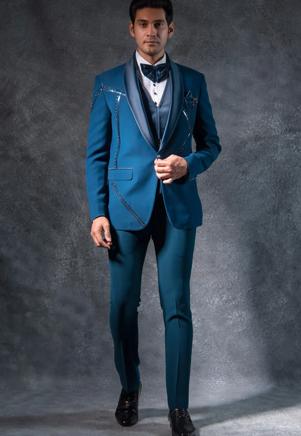 Embroidered Pure Terry Rayon Tuxedo Set in Teal Blue
