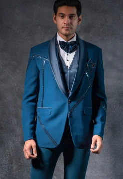 Embroidered Pure Terry Rayon Tuxedo Set in Teal Blue