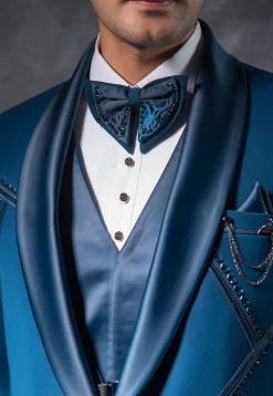 Embroidered Pure Terry Rayon Tuxedo Set in Teal Blue