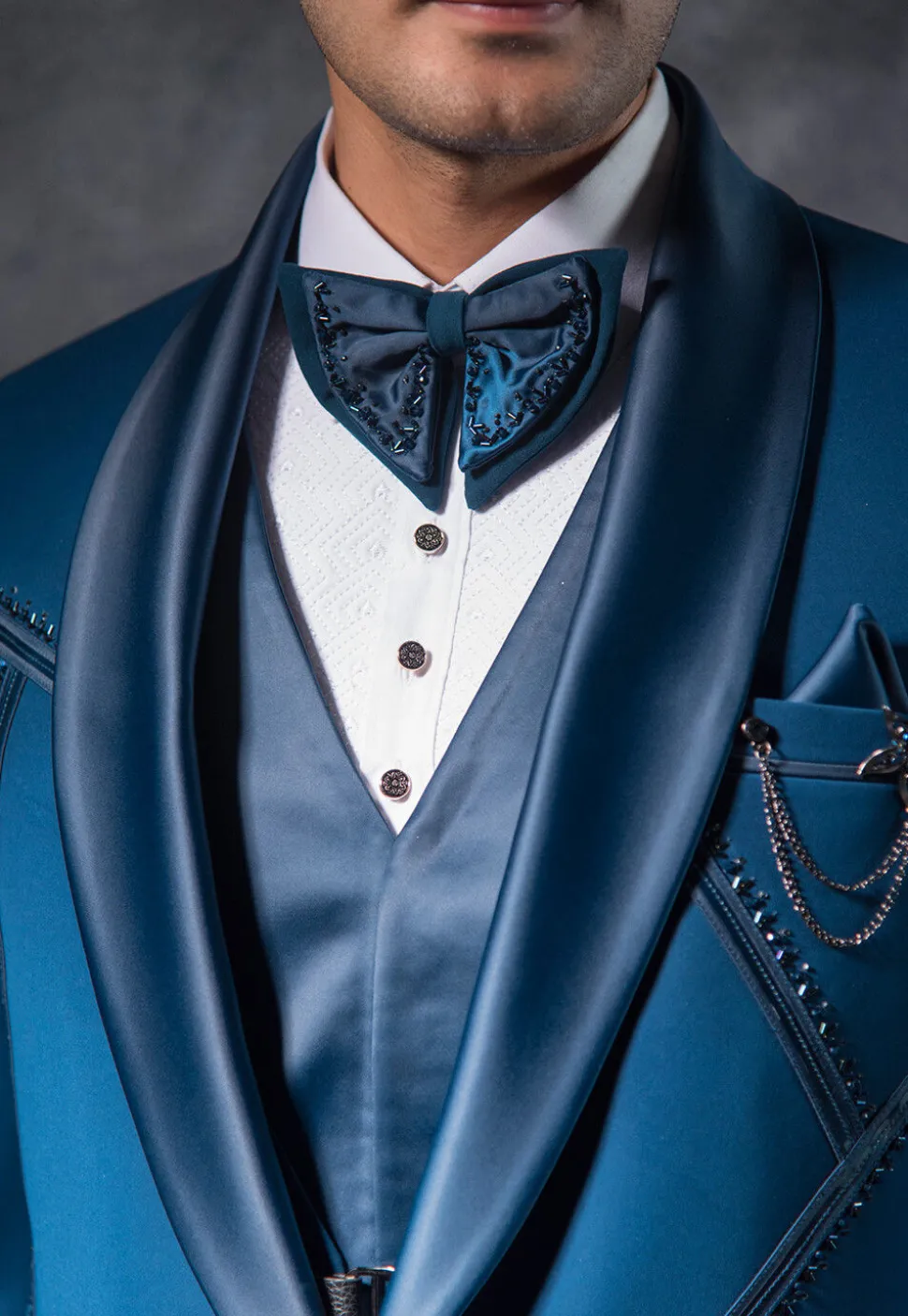 Embroidered Pure Terry Rayon Tuxedo Set in Teal Blue
