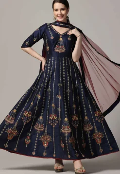 Embroidered Raw Silk Abaya Style Suit in Navy Blue