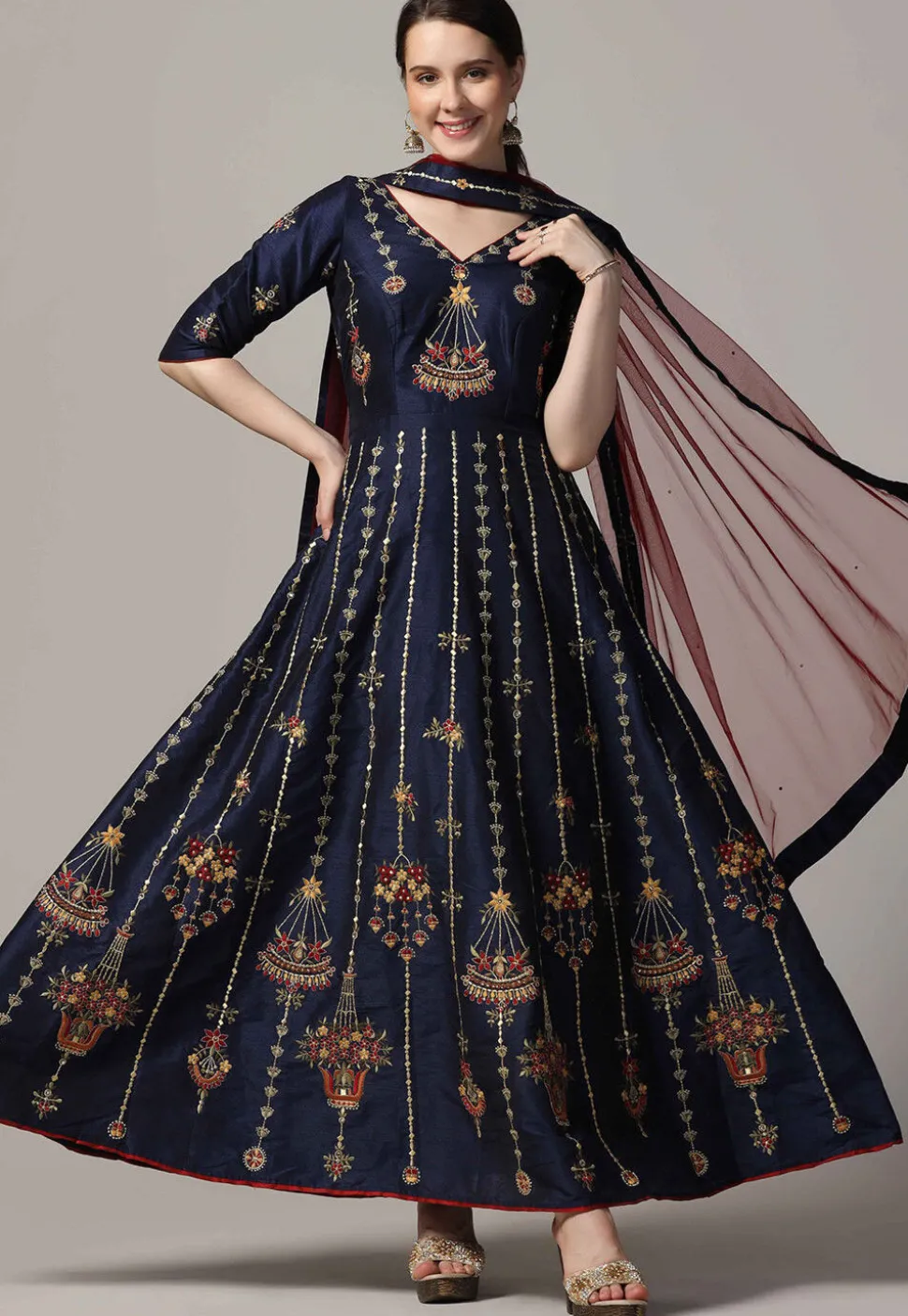 Embroidered Raw Silk Abaya Style Suit in Navy Blue