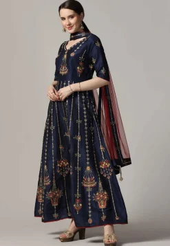 Embroidered Raw Silk Abaya Style Suit in Navy Blue