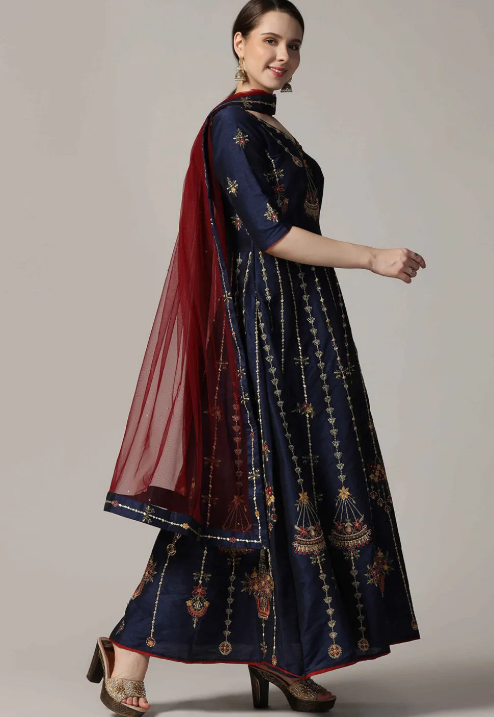 Embroidered Raw Silk Abaya Style Suit in Navy Blue
