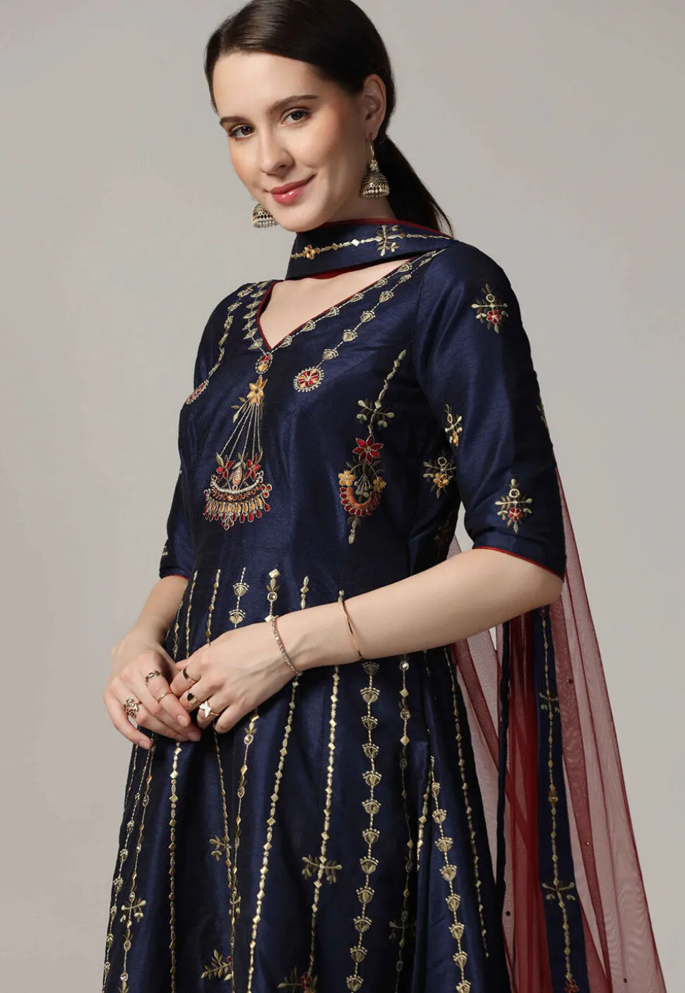 Embroidered Raw Silk Abaya Style Suit in Navy Blue