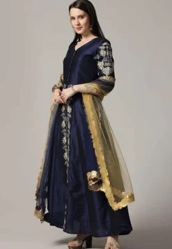 Embroidered Raw Silk Anarkali Suit in Navy Blue