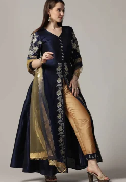 Embroidered Raw Silk Anarkali Suit in Navy Blue