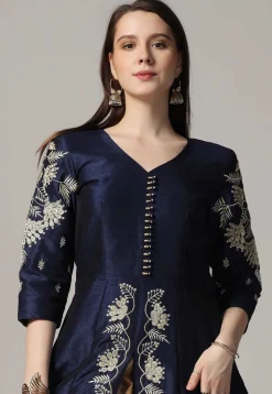 Embroidered Raw Silk Anarkali Suit in Navy Blue