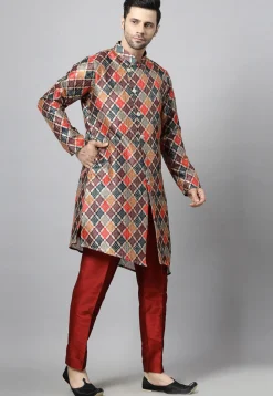 Embroidered Raw Silk Asymmetric Kurta Set in Multicolor
