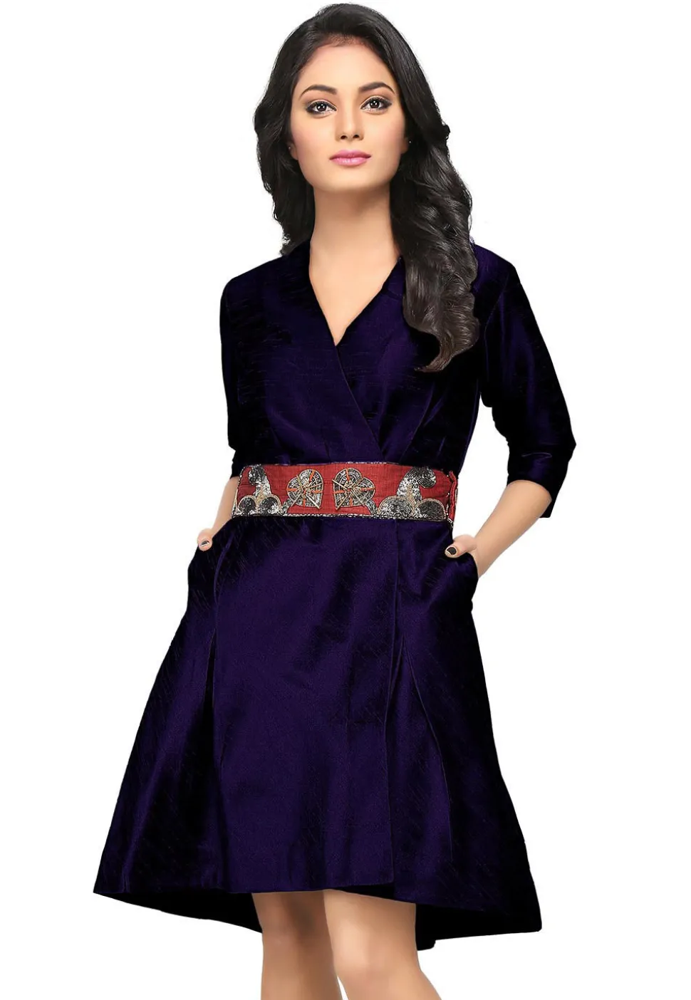 Embroidered Raw Silk Dress in Dark Blue