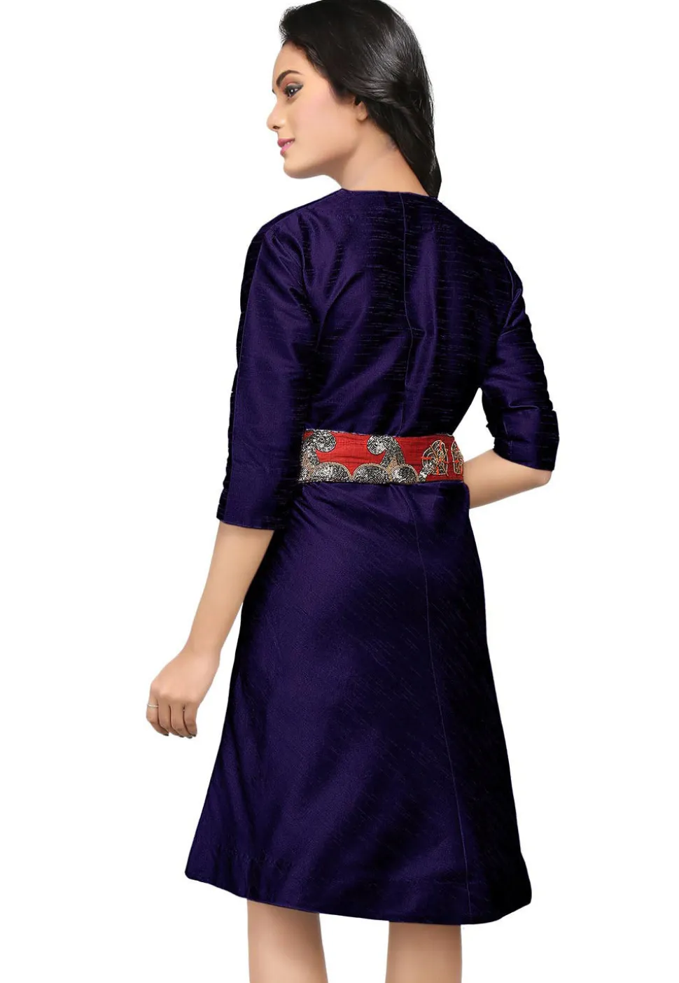 Embroidered Raw Silk Dress in Dark Blue