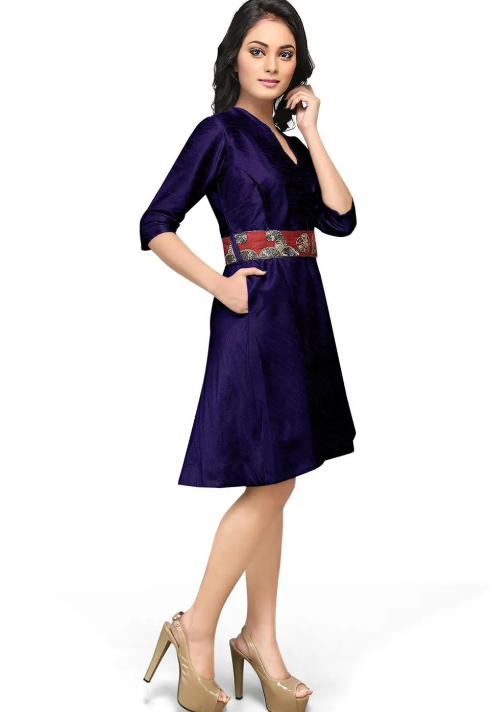 Embroidered Raw Silk Dress in Dark Blue