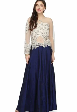 Embroidered Raw Silk Gown in Off White and Navy Blue